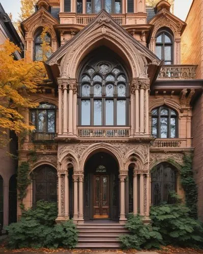 19th century European, Victorian-era inspired, Gothic Revival, Romanesque, Second Empire, Eclectic, ornate facades, intricate stone carvings, pointed arch windows, ribbed vaults, grand entrance halls,