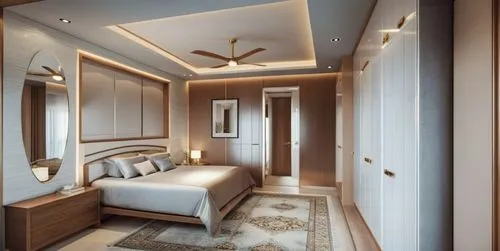 Bedroom with modern interior, decorative modern false ceiling, 4 door wardrobes opposite bed, wall art with lights and the door facing the camera leading into the bathroom and another next to the ward