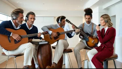 a group of men and woman sitting down holding guitars,rockapella,music instruments on table,musicians,serenata,habanera,rondalla,Photography,General,Realistic