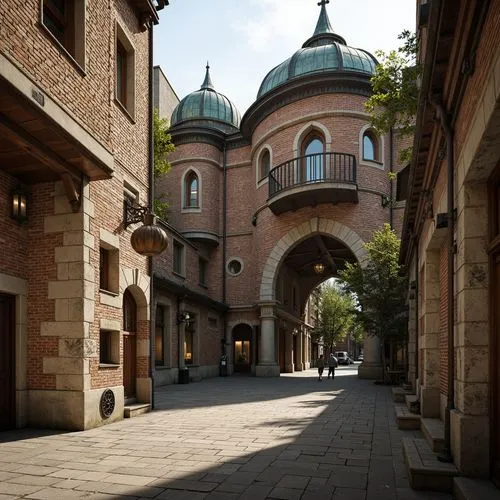 Rustic stone walls, ornate brick facades, textured concrete blocks, earthy tones, natural stone archways, grand entrance gates, medieval-inspired fortifications, weathered wooden accents, distressed m