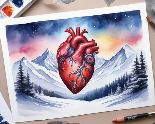 Chance Of Drawing A Heart Anatomical Heart and Winter Mountain Landscape Watercolor Painting,watercolor valentine box,heart icon,heart care,medical illustration,the heart of,stitched heart,heart line 