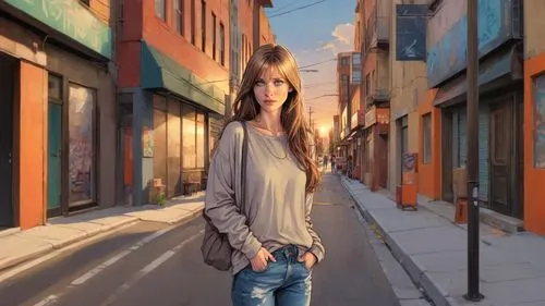 comic painting: young woman walks through urban street, casual urban streetwear, ,girl walking away,world digital painting,donsky,girl in a long,woman walking,city ​​portrait,digital painting,girl in 