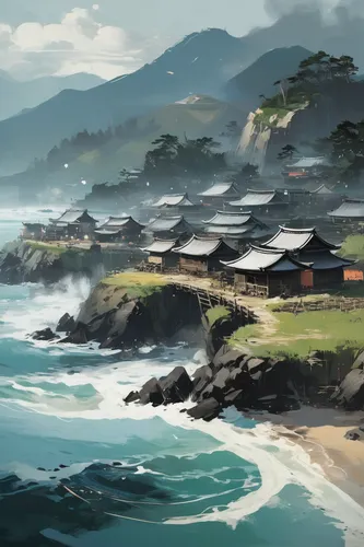 Craft a serene Ghost of Tsushima wallpaper showing a peaceful village with gentle waves crashing against the shore.,tsukemono,fishing village,japan landscape,south korea,coastal landscape,pacific coas