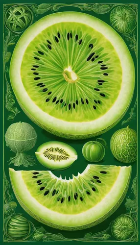 muskmelon,kiwi fruit,melon,kiwifruit,green kiwi,kiwi,kiwi halves,patrol,sliced lime,kiwi lemons,avacado,sliced avocado,hardy kiwi,pomelo,amla,cucumis,watermelons,melons,green oranges,seedless fruit,Illustration,Retro,Retro 24