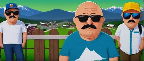 Cartoonish South Park character creator, adult male, bald head, mustache, goatee, casual wear, blue jeans, white T-shirt, sneakers, accessories like hats, sunglasses, and watches, suburban background,