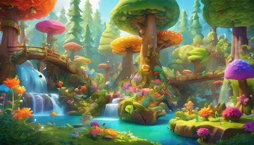 fairy village,mushroom landscape,fairy world,fairy forest,mushroom island,cartoon forest,fantasy landscape,druid grove,scandia gnomes,enchanted forest,3d fantasy,fairytale forest,bird kingdom,elven forest,children's background,fairy house,fairy chimney,fantasy world,rainbow world map,dream world