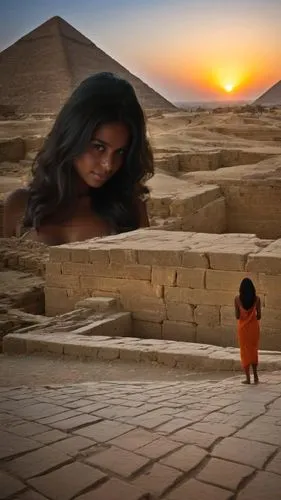 As the sun sets behind the ancient stone walls of Giza, a majestic lone figure gazes serenely at the serene mystical world below. The sun casts a warm orange glow over the scene, casting a radiant glo