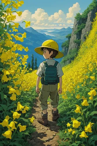 studio ghibli,daffodil field,sunflower field,blooming field,flower field,explorer,yellow grass,hiker,springtime background,adventurer,yellow garden,picking flowers,spring background,yellow sun hat,pilgrim,mountain guide,travel poster,the valley of flowers,children's background,field of flowers,Illustration,Japanese style,Japanese Style 14