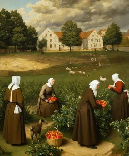 (view from above as in the paintings of Pieter Bruegel, small figures of Catholic nuns in Breton bonnets and kerchiefs, light brown robes and dark brown dresses pick apples from the trees, small gray 