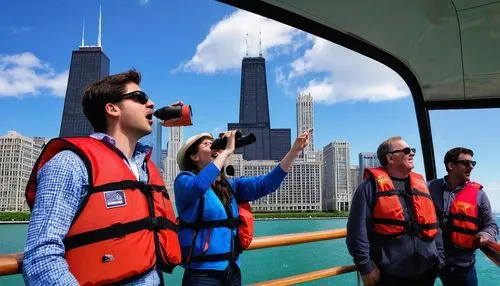 Chicago Architecture Society Boat Tour, daytime, sunny weather, calm Lake Michigan waters, 360-degree cityscape view, modern skyscrapers, Willis Tower, John Hancock Center, Tribune Tower, historic bui