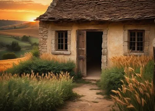 provence,hobbiton,ancient house,country cottage,home landscape,thatched cottage,provencal,toscane,miniature house,lonely house,little house,wheatfield,tuscany,straw hut,cotswolds,provencal life,farm hut,wheat field,small house,the threshold of the house,Art,Artistic Painting,Artistic Painting 25