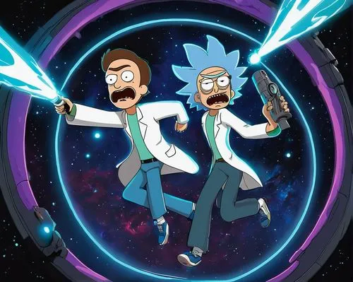 Rick Sanchez, Morty Smith, sci-fi, adventure, space travel, multiverse, portal gun, crazy hair, glasses, lab coat, white shirt, blue pants, sneakers, dimension-hopping, action-packed, dynamic pose, dr