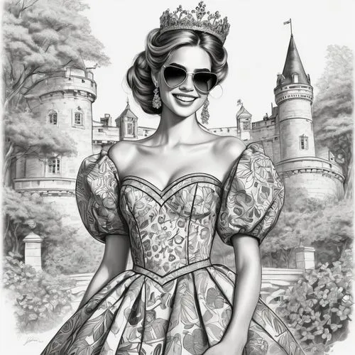 princess sofia,fantasyland,prinses,disneyfied,noblewoman,fairy tale character,Illustration,Black and White,Black and White 30