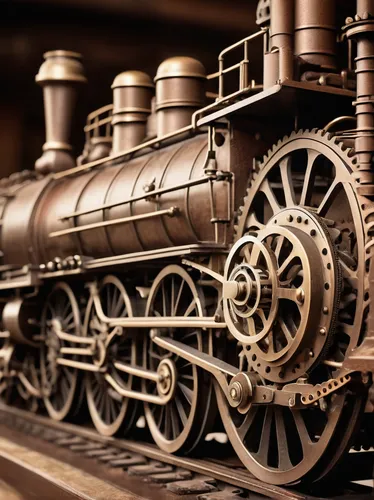 vintage steam engine, antique machinery, brass components, weathered metal texture, rust details, intricate gears, steam pistons, retro design, locomotive, historical train station, coal-powered, indu