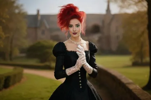 a beautiful redhead woman standing next to a tree,gothic woman,victorian lady,gothic dress,scotswoman,celtic queen,victoriana