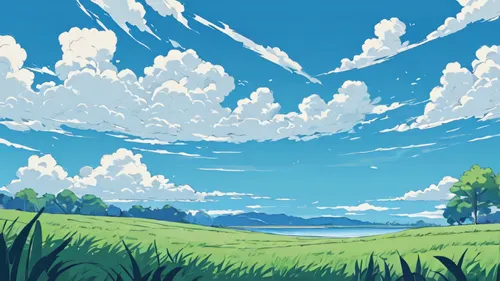 landscape background,salt meadow landscape,grasslands,meadow landscape,plains,blue sky clouds,summer sky,blooming field,summer meadow,grassland,backgrounds,blue sky and clouds,clover meadow,background vector,high landscape,meadow,mountain meadow,moraine,sky,panoramical,Illustration,Japanese style,Japanese Style 06