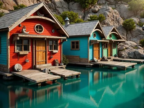 Vibrant boathouse, turquoise water reflections, rustic wooden docks, nautical ropes, vintage anchors, distressed finishes, earthy brown stones, moss-covered roofs, whimsical curved lines, playful asym