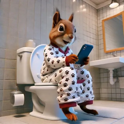 anthropomorphic 3d squirrel sitting on a water closet, wearing pyjamas with paw prints, going for a poop, and reading and iphone, background bathroom,photo shoot in the bathroom,squirell,relaxed squir