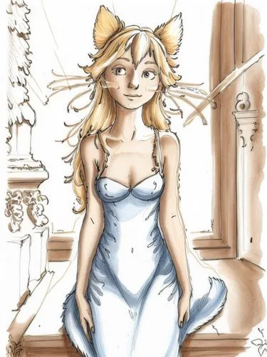 simple drawing of a woman with blonde hair in a dress near a window,an ink drawing of a girl in a blue dress,jessamine,peignoir,fairy tale character,eilonwy,wedding dress,sigyn,Conceptual Art,Fantasy,