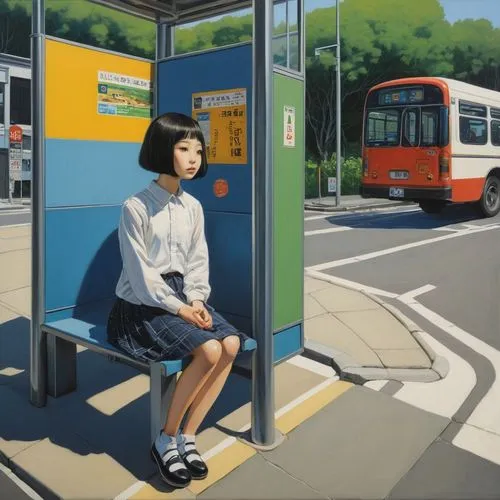 bus stop,busstop,the girl at the station,bus shelters,bus,girl sitting,Illustration,Realistic Fantasy,Realistic Fantasy 08