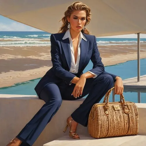 delvaux,maxmara,pantsuit,navy suit,bacall,yachtswoman,beach background,pantsuits,vettriano,woman in menswear,businesswoman,attendant,beachcomber,travel woman,business woman,carryall,palmilla,ferragamo,birkin,menswear for women,Illustration,Retro,Retro 14