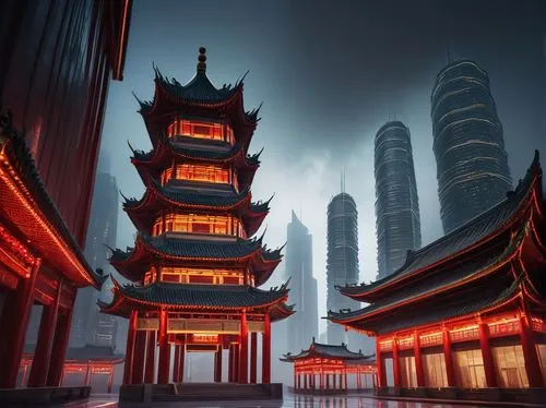 Modern Chinese skyscraper, futuristic 3D architectural design, sleek metallic structure, intricate traditional Chinese motifs, vibrant red lanterns, golden accents, grand entrance with giant pillars, 