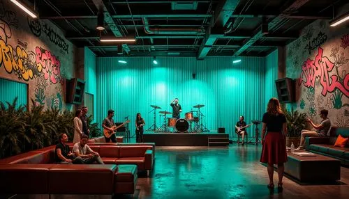 Vibrant teal accents, neon lights, dynamic stage design, eclectic music instruments, graffiti walls, industrial metal beams, polished concrete floors, trendy lounge seating, retro-futuristic decor, ed