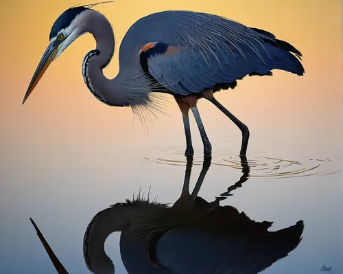 Feeling isolated. Great blue heron and reflection in the pre-dawn hours at Ten Tho,egretta novaehollandiae,great blue heron,pacific heron,great heron,cow heron,bird painting,little blue heron,spoon he