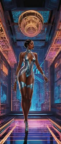 afrofuturism,valerian,tron,cyberia,animatrix,sci fiction illustration,symetra,andromeda,futuristic,cyberpunk,polara,cyberspace,neon body painting,orbiters,okoye,varekai,cyberdog,cybernet,scifi,silico,Illustration,Realistic Fantasy,Realistic Fantasy 21