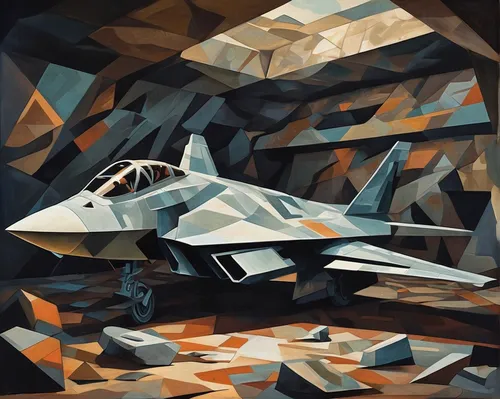 Write a dark and mysterious tale about a ghost haunting a decommissioned sixth-generation fighter hidden deep in an ancient military bunker.,low poly,low-poly,delta-wing,triangles background,polygonal