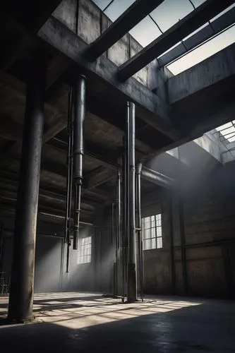 empty factory,warehouse,abandoned factory,industrial hall,warehouses,cryengine,crossbeams,factory hall,usine,steelyard,old factory,industrial ruin,brickworks,warehousing,linthouse,industrie,light rays,industrial landscape,grundriss,volumetric,Illustration,Black and White,Black and White 23