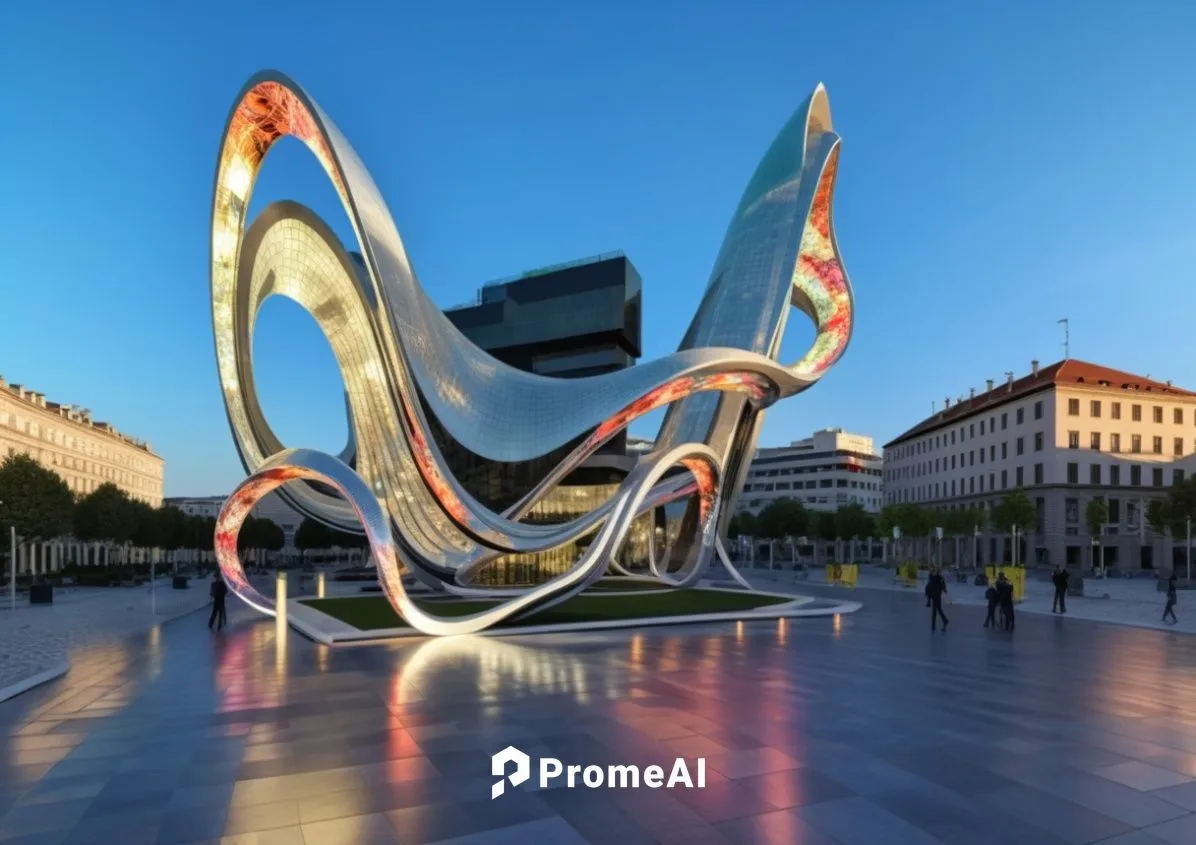 Installation in the square in the form of light lines in the style of Zaha Hadid,steel sculpture,zadar,naum,public art,arria,kinetic art,meadmore,milano,pescara,guarneri,milan,escultura,viena,montpell