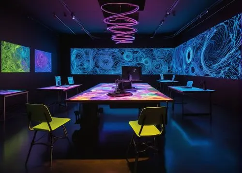 artscience museum,conference room,neon human resources,blue room,ufo interior,creative office,meeting room,futuristic art museum,glow in the dark paint,computer room,neon light drinks,black light,neon coffee,boardroom,nightclub,uv,board room,fine dining restaurant,sci fi surgery room,black table,Art,Classical Oil Painting,Classical Oil Painting 42