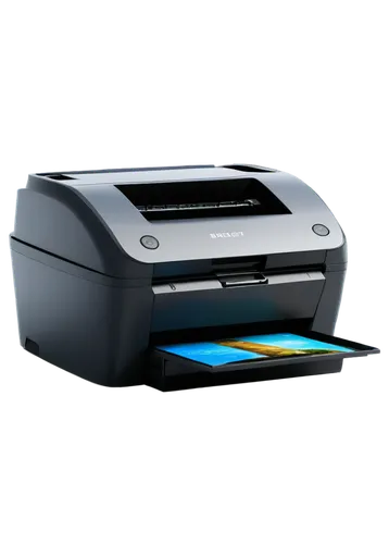 Colorful printer, 3D model, modern design, sleek shape, glossy surface, vibrant colors, buttons and screens, USB ports, paper output tray, cable connected, desktop setup, morning light, soft focus, sh