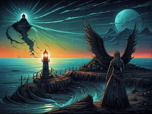 the illustration shows an eagle near a lighthouse,fantasy picture,fantasy art,surrealism,samuil,sea fantasy,seadrift,Illustration,Realistic Fantasy,Realistic Fantasy 25