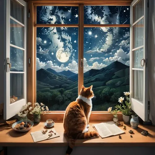 window to the world,fantasy picture,window view,bedroom window,open window,world digital painting,starry night,drawing cat,windowsill,kittelsen,windows wallpaper,dream art,window seat,dream world,window sill,daydreaming,cat lovers,window,dreaming,sogni,Unique,Design,Knolling