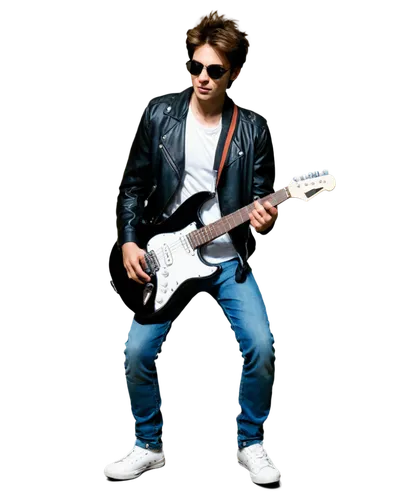 male musician, rockstar, energetic pose, messy brown hair, sunglasses, earrings, black leather jacket, white shirt, blue jeans, Converse shoes, holding guitar, playing solo, spotlight shining down, dr