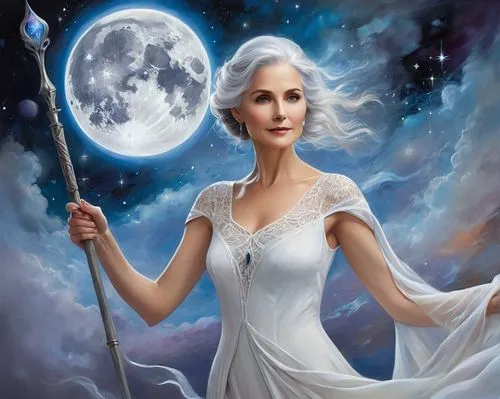 Sheila Beckett, fantasy artist, mature lady, elegant posture, silver hair, subtle makeup, flowing white dress, intricate lace details, holding a mystical staff, surrounded by celestial bodies, stars, 