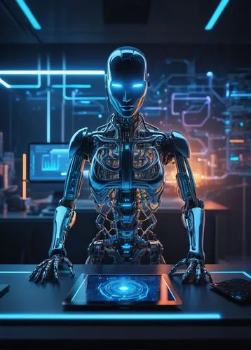 Futuristic AI generator, metallic robotic body, glowing blue circuits, intricate wires, holographic display projecting code, sleek modern laboratory background, futuristic neon lights, minimalist desk