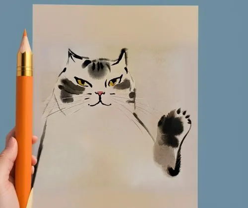 同色背景扩充,a drawing of a cat with a large pencil,drawing cat,cat drawings,to draw,cartoon cat,cat cartoon,cat vector