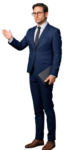 Middle-aged man, attorney, solo, (40yo), serious facial expression, glasses, short brown hair, suit, white shirt, black tie, hands clasped together, standing, formal pose, realistic, softbox lighting,