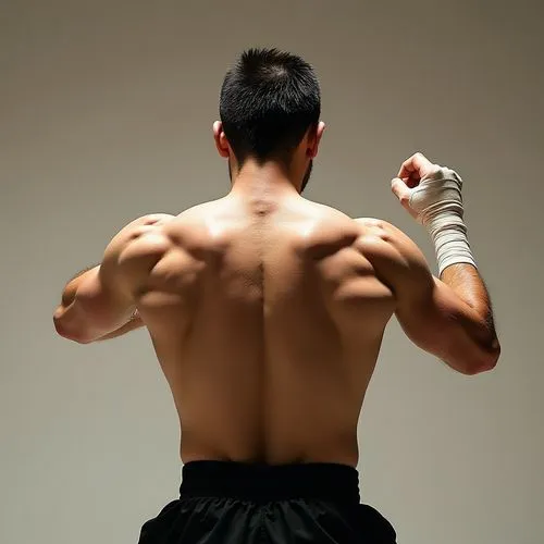 A person with bandaged wrists seen from the back, performing martial arts.,a man with  and gloves on is doing a back split,weiliang,saenchai,clenbuterol,amirkhanov,amnat charoen,uchimura