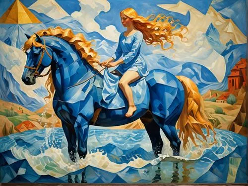 polygonal constructive painting in the style of ancient icons, painting style from Deineka, Saryan, Petrov-Vodkin, "bathing a blue horse", based on a painting by Petrov-Vodkin, on top of a large blue 