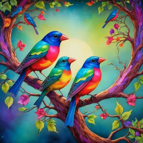 colorful birds,birds on a branch,birds on branch,love bird,bird painting,tropical birds,Illustration,Realistic Fantasy,Realistic Fantasy 02