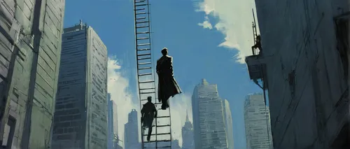 In a futuristic city, Jacob discovered a ladder connecting two skyscrapers on opposite sides.,career ladder,skycraper,tightrope,ladder,skyscraper,jacob's ladder,high-rise,high-wire artist,climbing to 