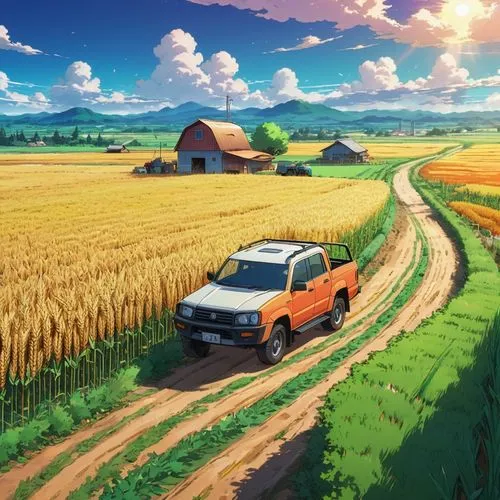 yamada's rice fields,farm background,rural landscape,landscape background,wheat field,3d car wallpaper,farm landscape,wheat fields,agricultural scene,country road,countryside,rural,yota,ricefield,car wallpapers,overland,cartoon video game background,isuzuki,daihatsu,country side,Illustration,Japanese style,Japanese Style 03