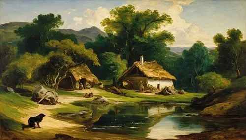 casa na montanha, cachorro, vaca, homem pescando no lago,rural landscape,brook landscape,mountain scene,agricultural scene,river landscape,home landscape,village scene,bierstadt,farm landscape,fjord l