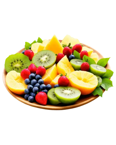 Colorful fruit salad, assorted fruits, grapes, strawberries, blueberries, pineapple, orange, kiwi, fresh green leaves, wooden table, natural lighting, shallow depth of field, vibrant colors, 3/4 compo