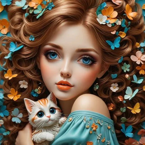 cat with blue eyes,porcelain dolls,blossom kitten,doll cat,fantasy art,tenderness,blue eyes cat,cat lovers,romantic portrait,fantasy portrait,beautiful girl with flowers,ginger kitten,faery,little girl fairy,birman,blue hydrangea,fantasy picture,blue butterflies,kitten,girl in flowers,Photography,General,Fantasy