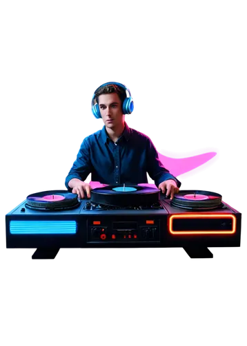 Wallpaper, DJ, male, young adult, headphone, vinyl record, CD player, turntable, speaker, mixing console, colorful neon lights, futuristic design, dark background, 3/4 composition, low-angle shot, dra